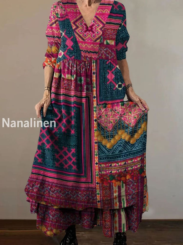 Women`s Classic Boho Print Cotton and Linen V-neck Midi Dress Colorful / S