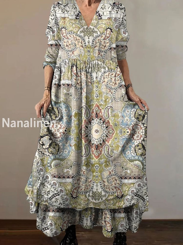 Women`s Classic Boho Print Cotton and Linen V-neck Midi Dress Colorful / S