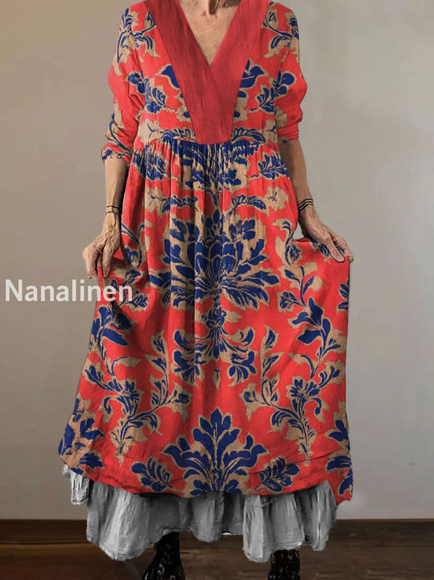 Women`s Classic Hippie Floral Print Cotton V-neck Midi Dress Colorful / S