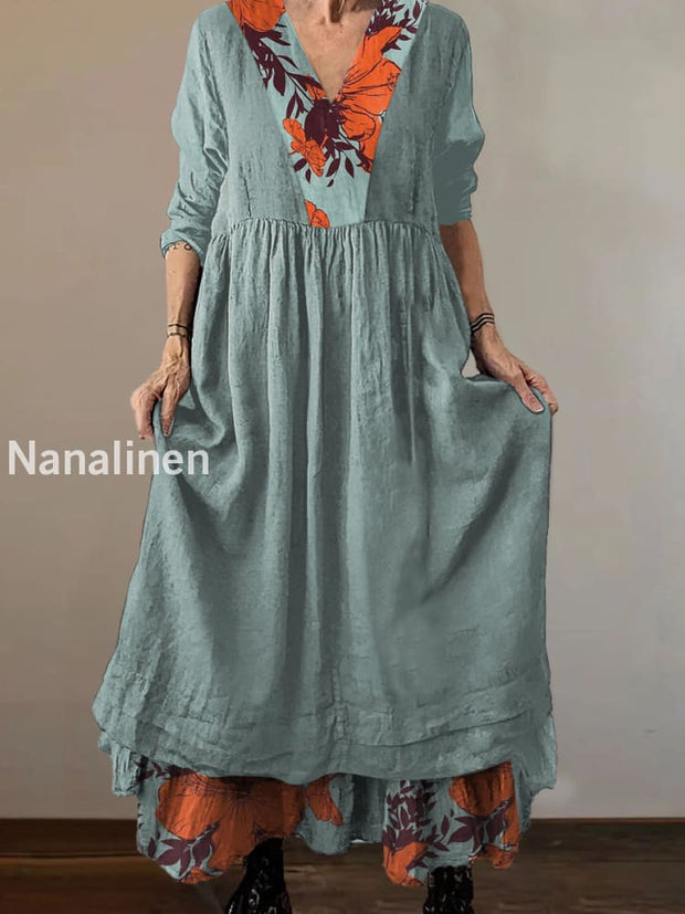 Women`s Classic Hippie Print Cotton and Linen V-neck Midi Dress Colorful / S