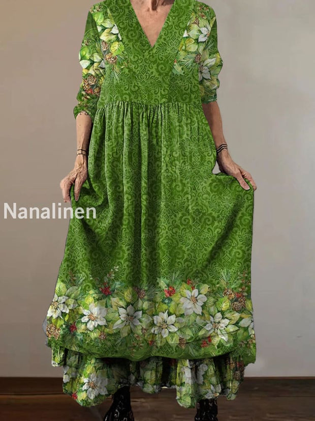 Women`s Classic Hippie Print Cotton and Linen V-neck Midi Dress Green / S