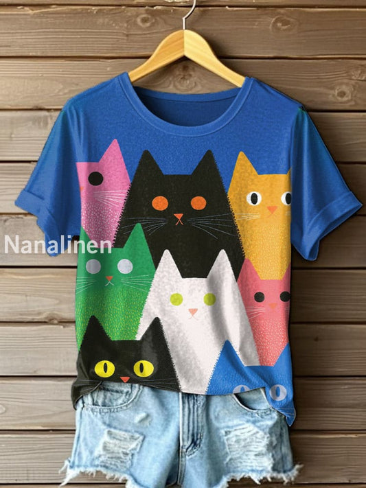Womens Colorful Cat Art Print T-Shirt As picture / S