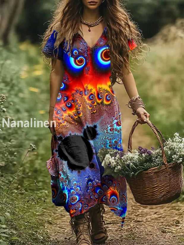 Women’s Colorful Fantasy Hippie Art Print Causal Cotton Dresses Colorful / S