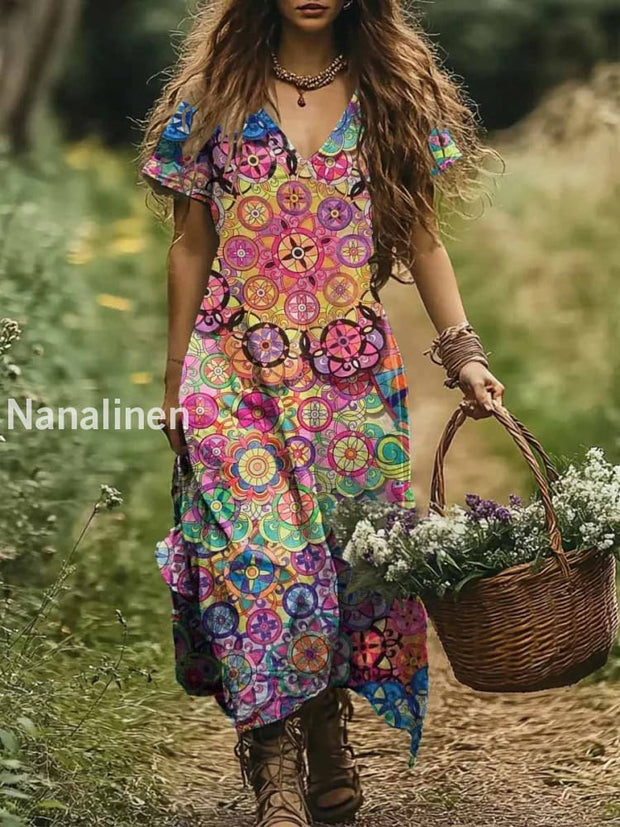 Women’s Colorful Hippie Style Art Print Causal Cotton Dresses Colorful / S