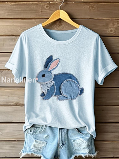 Women’s Cute Bunny Pattern Patchwork Art T-Shirt Light Blue / S