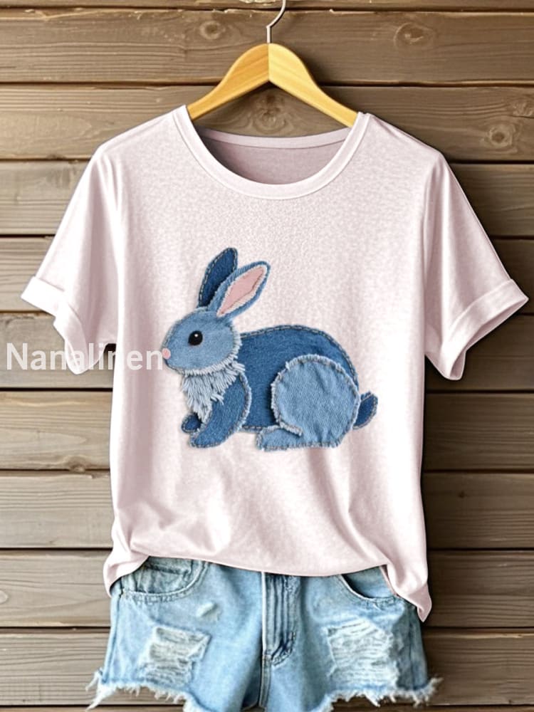 Women’s Cute Bunny Pattern Patchwork Art T-Shirt Light Pink / S
