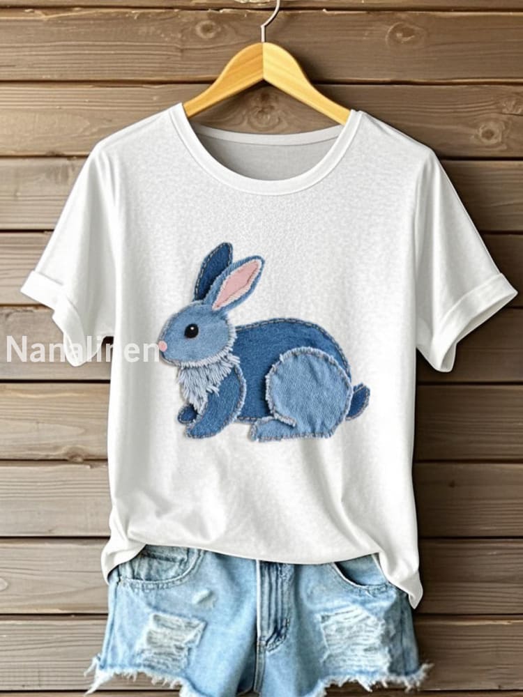 Women’s Cute Bunny Pattern Patchwork Art T-Shirt White / S