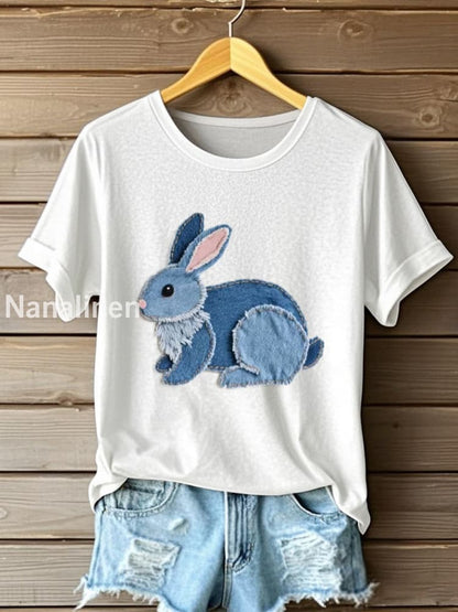 Women’s Cute Bunny Pattern Patchwork Art T-Shirt White / S