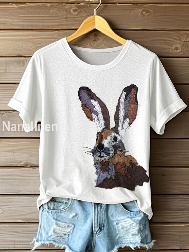 Women’s Cute Bunny Pattern Patchwork Art T-Shirt White / S