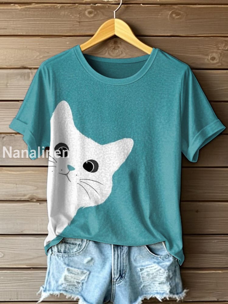 Womens Cute Cat Art Print T-Shirt As picture / S
