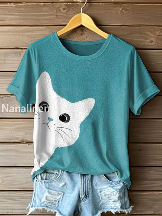Womens Cute Cat Art Print T-Shirt As picture / S