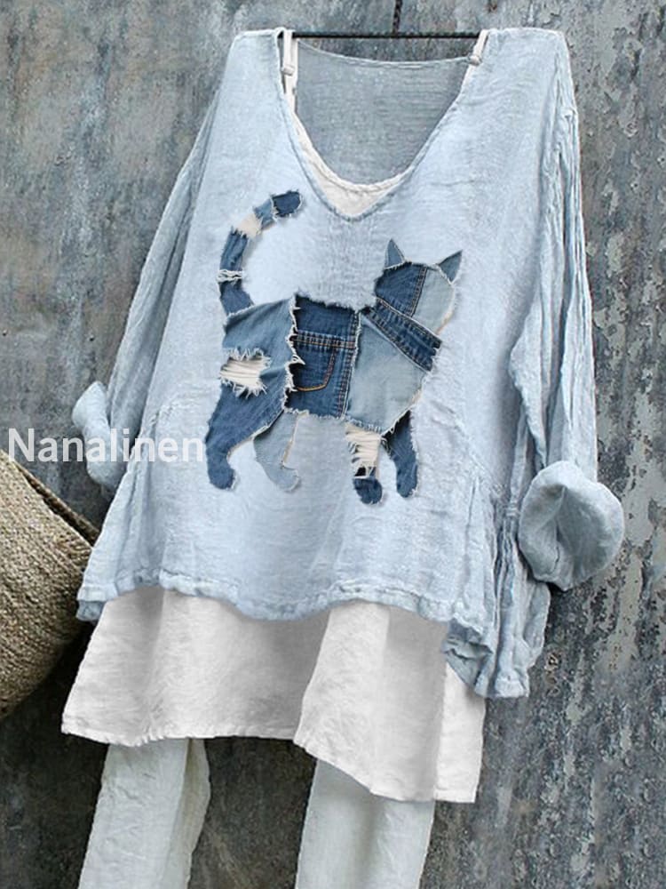 Women’s Cute Cat Patchwork Art Linen Shirt Light Blue / S