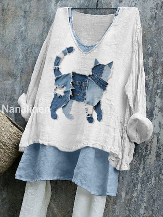 Women’s Cute Cat Patchwork Art Linen Shirt White / S