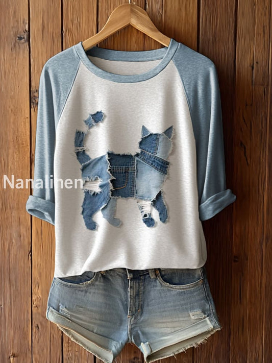 Women’s Cute Cat Patchwork Art Long Sleeve T-Shirt Light Blue / S