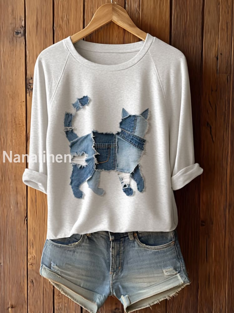 Women’s Cute Cat Patchwork Art Long Sleeve T-Shirt White / S