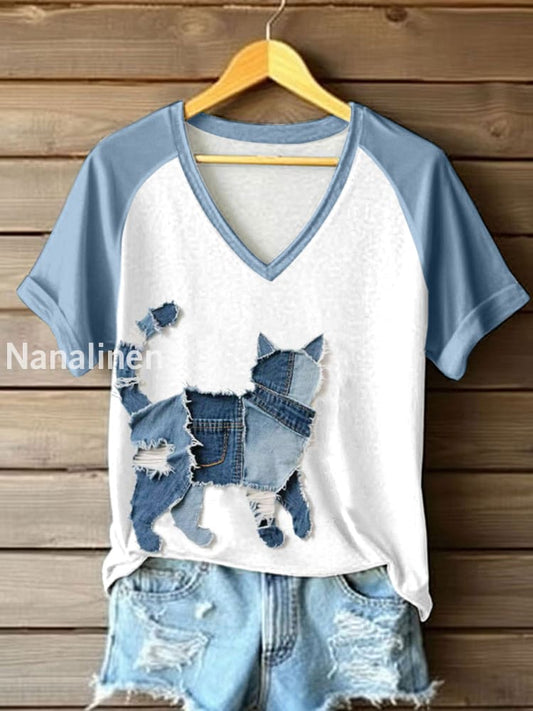 Women’s Cute Cat Patchwork Art V-Neck T-Shirt As picture / S