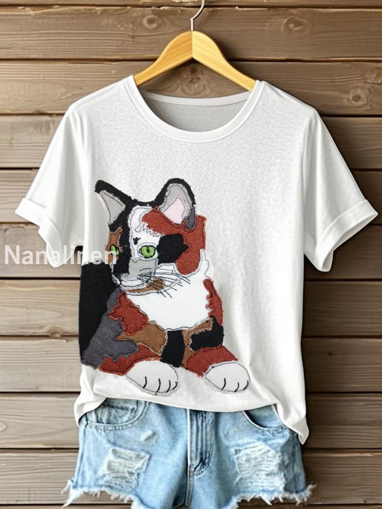Women’s Cute Cat Pattern Patchwork Art T-Shirt White / S