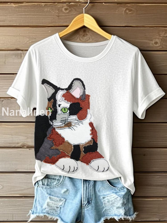 Women’s Cute Cat Pattern Patchwork Art T-Shirt White / S