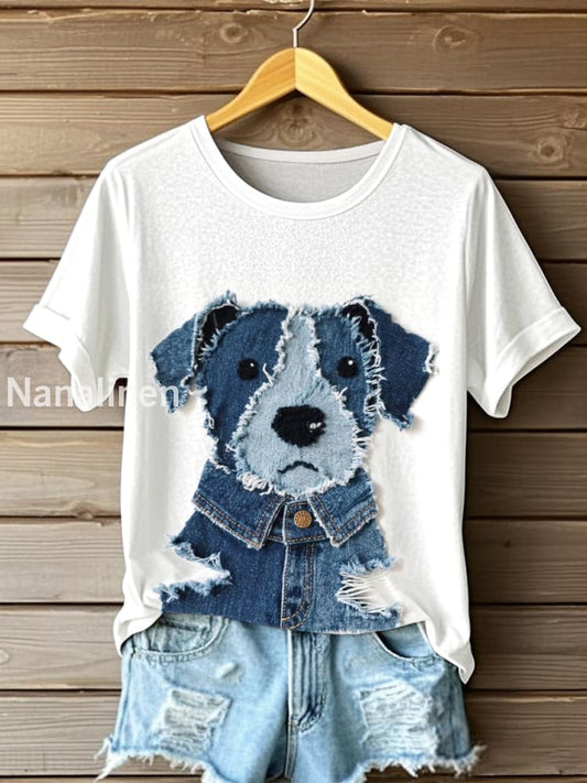 Women’s Cute Dog Denim Patchwork Art T-shirt White / S