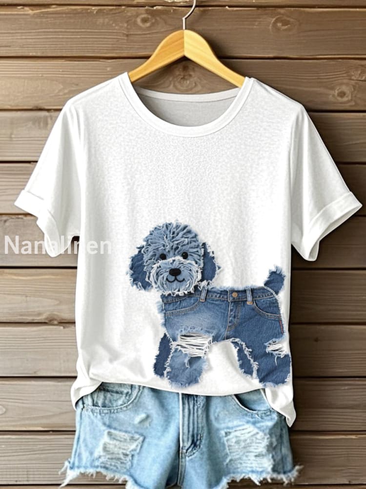 Women’s Cute Dog Denim Patchwork Art T-shirt White / S