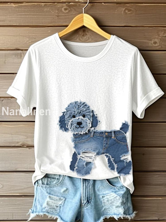 Women’s Cute Dog Denim Patchwork Art T-shirt White / S