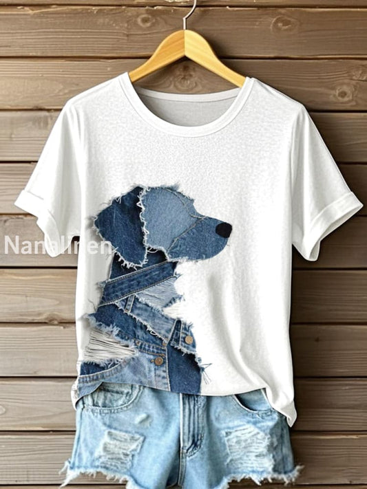 Women’s Cute Dog Denim Patchwork Art T-shirt White / S