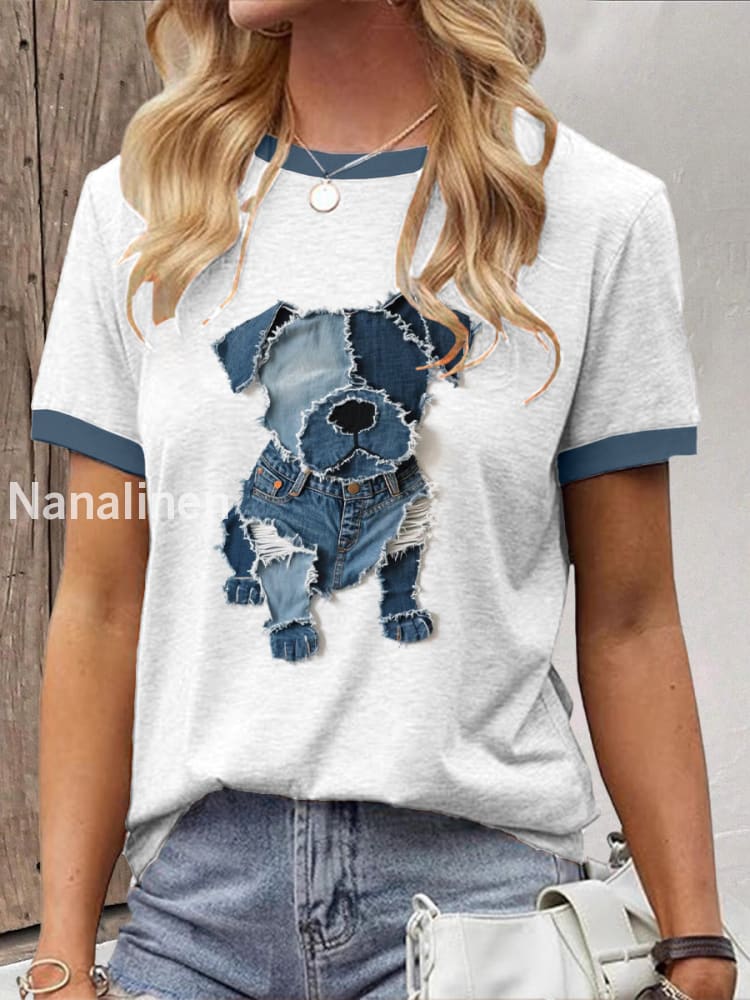 Women’s Cute Dog Denim Patchwork Art T-shirt White / S