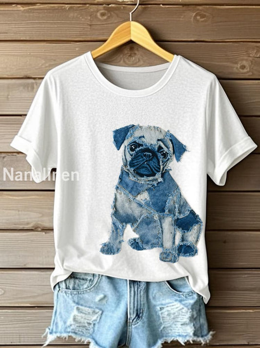 Women’s Cute Dog Patchwork Art Short Sleeve T-Shirt White / S