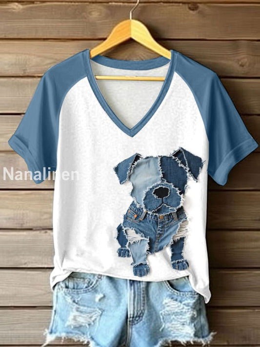 Women’s Cute Dog Patchwork Art V-Neck T-Shirt As picture / S