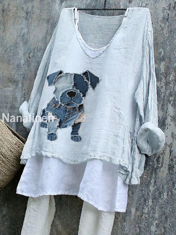 Women’s Cute Dog Pattern Patchwork Art Linen Shirt Light Blue / S