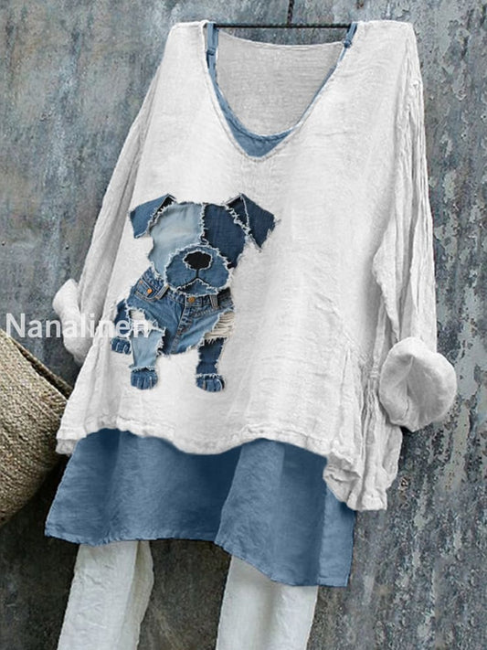 Women’s Cute Dog Pattern Patchwork Art Linen Shirt White / S