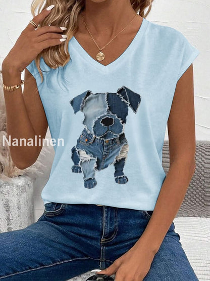 Women’s Cute Dog Pattern Patchwork Art Tank Top Light Blue / S