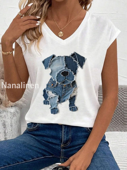 Women’s Cute Dog Pattern Patchwork Art Tank Top White / S