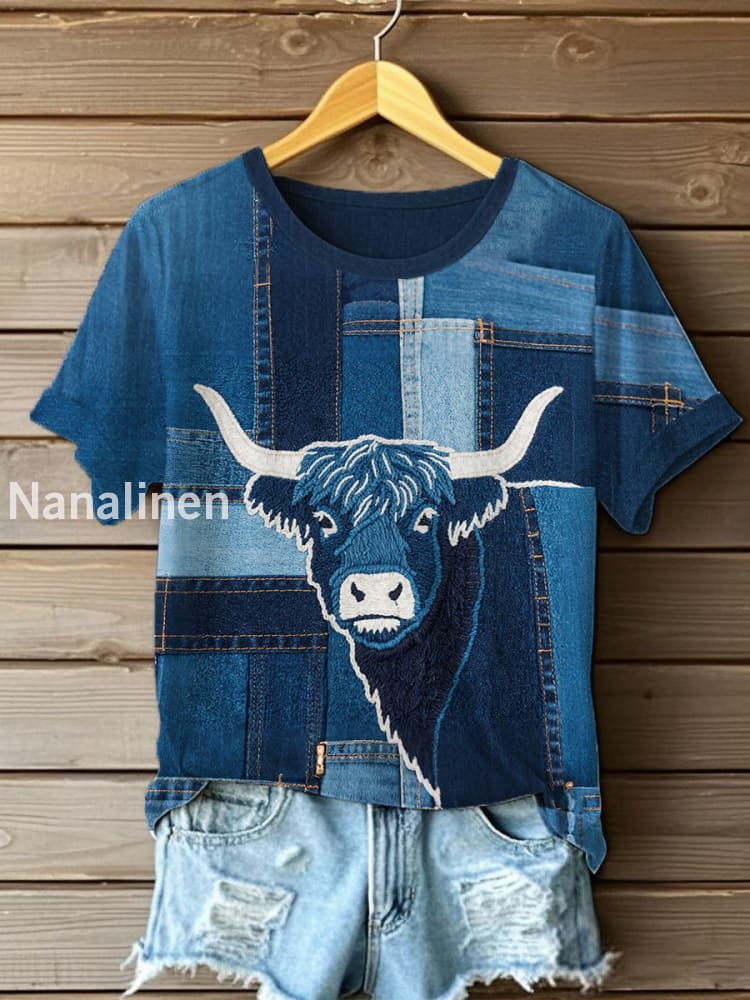 Women’s Denim Highland Cow T-shirt Blue / S