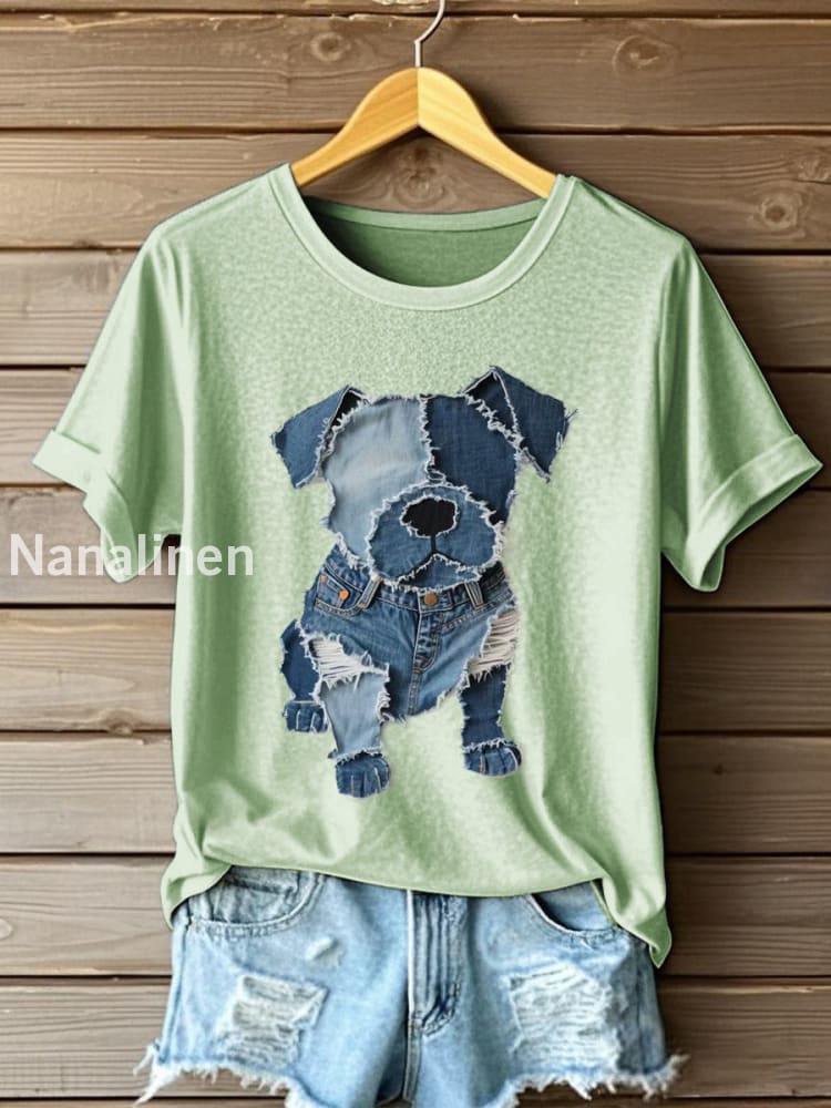 Women’s Dog Pattern Denim Patchwork Art T-Shirt Green / S