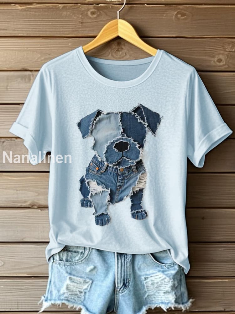Women’s Dog Pattern Denim Patchwork Art T-Shirt Light Blue / S