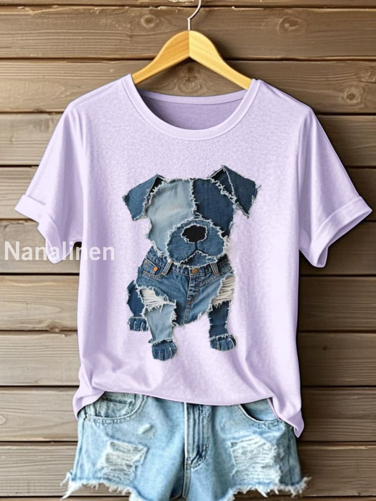 Women’s Dog Pattern Denim Patchwork Art T-Shirt Light Purple / S