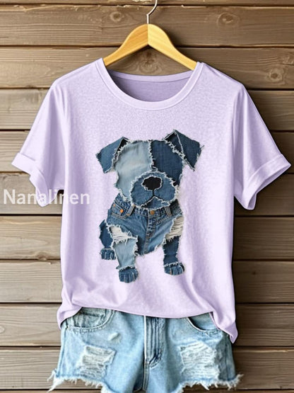 Women’s Dog Pattern Denim Patchwork Art T-Shirt Light Purple / S
