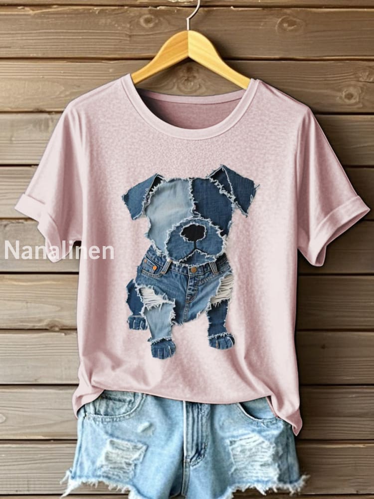 Women’s Dog Pattern Denim Patchwork Art T-Shirt Pink / S