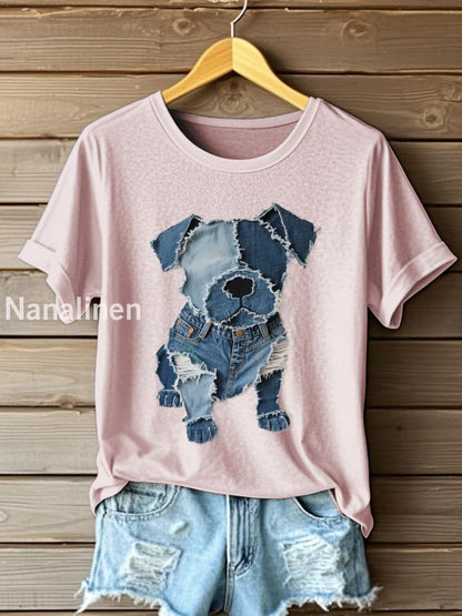 Women’s Dog Pattern Denim Patchwork Art T-Shirt Pink / S