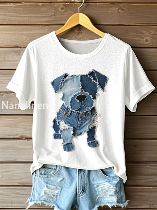 Women’s Dog Pattern Denim Patchwork Art T-Shirt White / S