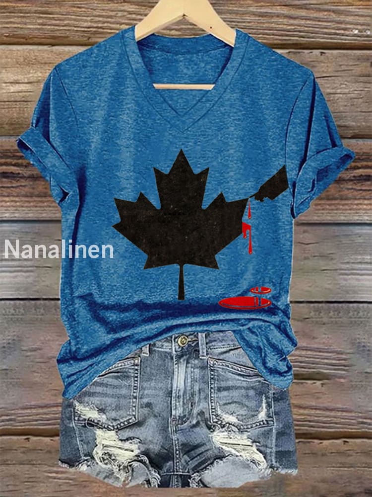 Women’s Don’t Mess With Canada Print V-Neck Short Sleeve T-Shirt Blue / S