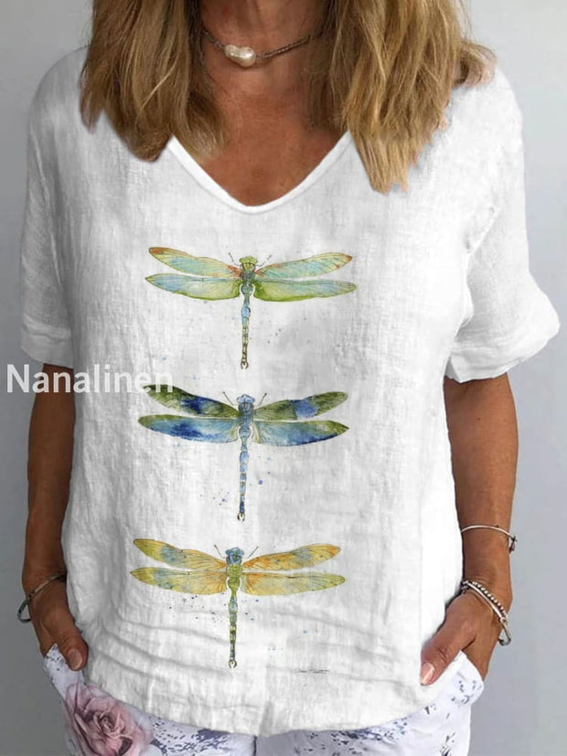 Women’s Drgonfly Print Retro Cotton Linen V-Neck T-Shirt White / S