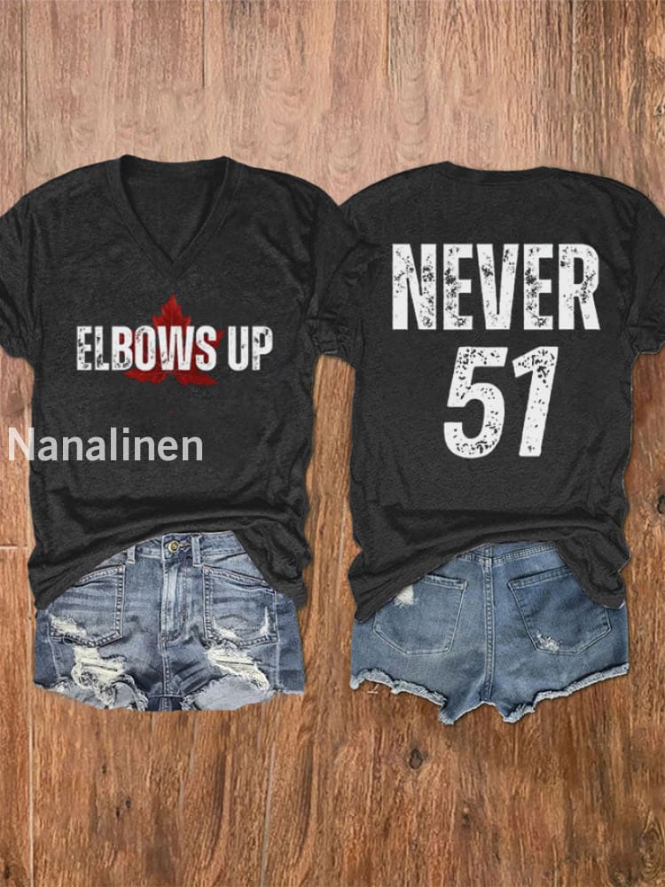 Women’s Elbows Up Never 51 Printed V-Neck Shirt Black / S