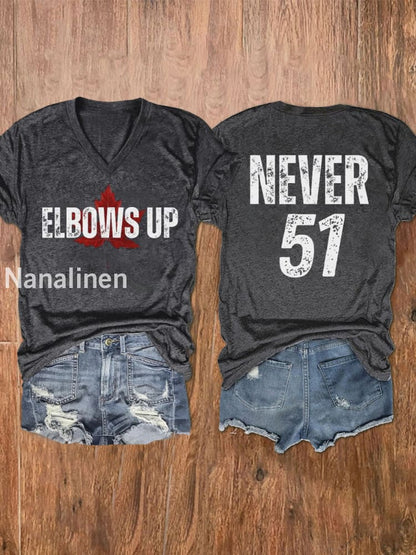 Women’s Elbows Up Never 51 Printed V-Neck Shirt Dark Gray / S