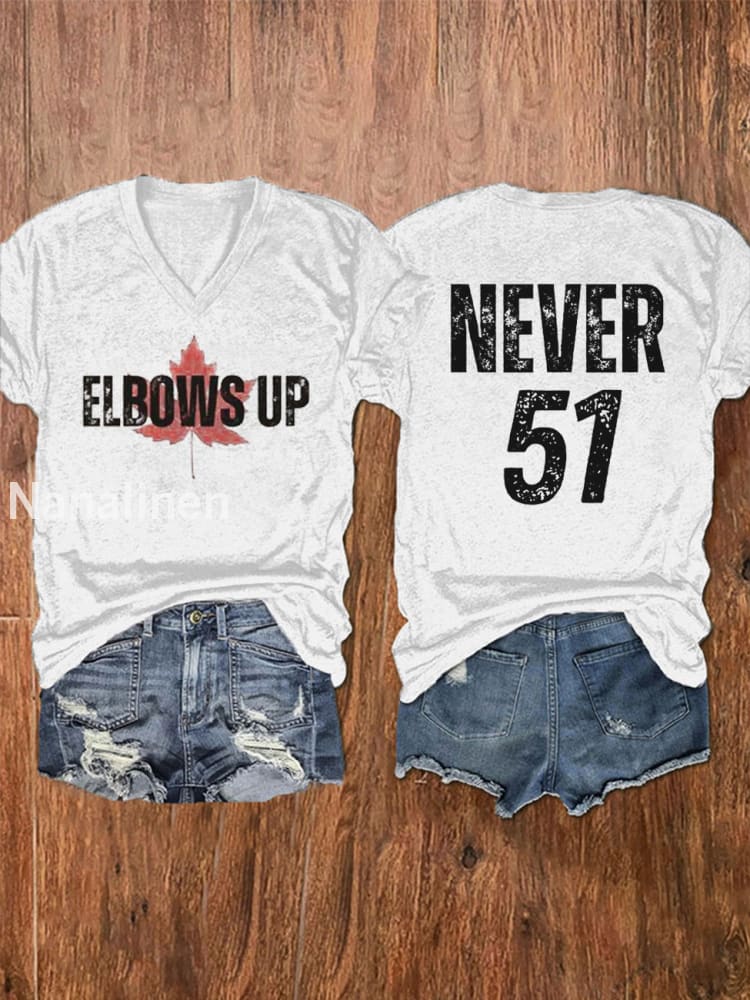 Women’s Elbows Up Never 51 Printed V-Neck Shirt White / S