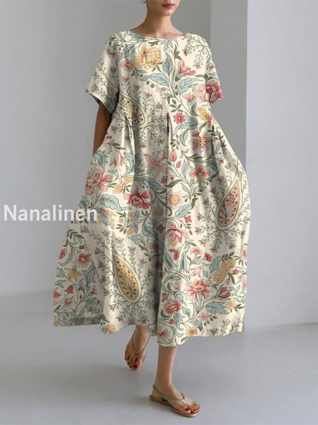 Women’s Elegant Casual Art Printed Short Sleeve Dress Beige / S