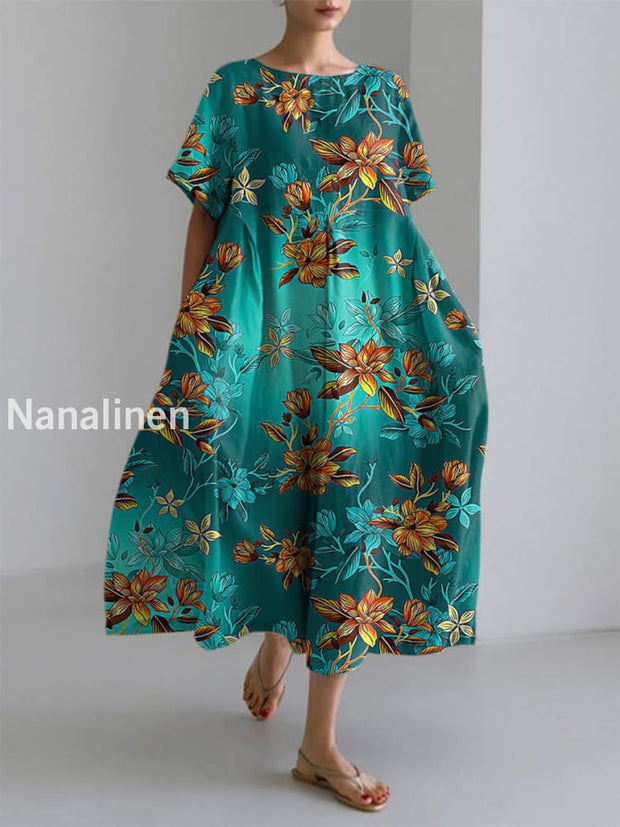 Women’s Elegant Casual Art Printed Short Sleeve Dress Lake Green / S