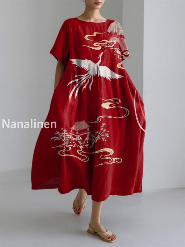 Women’s Elegant Casual Art Printed Short Sleeve Dress Red / S