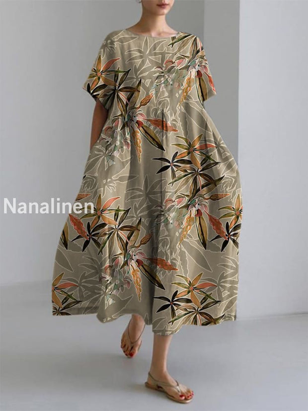 Women’s Elegant Casual Bamboo Leaf Art Printed Short Sleeve Dress Coffee / S